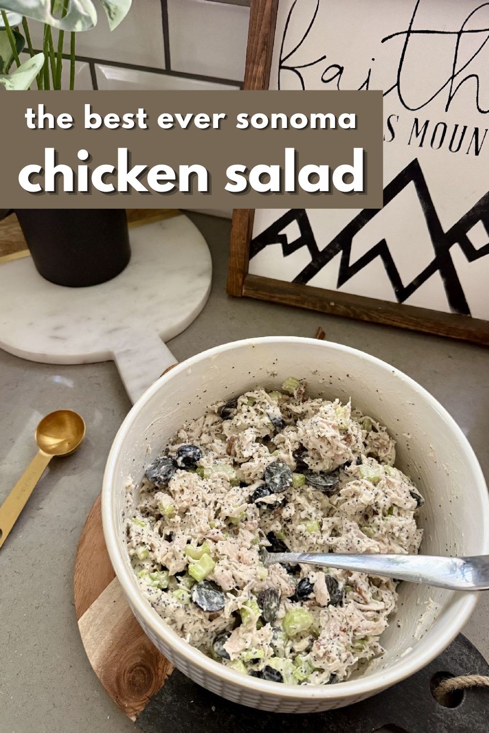 If you're looking for the best chicken salad recipe, look no further than my Aunt Tina's. It's a take on a Sonoma chicken salad, with a tangy & sweet dressing and lots of texture--absolutely perfect!  How to make Sonoma chicken salad, an easy chicken salad for barbecues, potlucks, and summer nights when it's too hot to cook. 