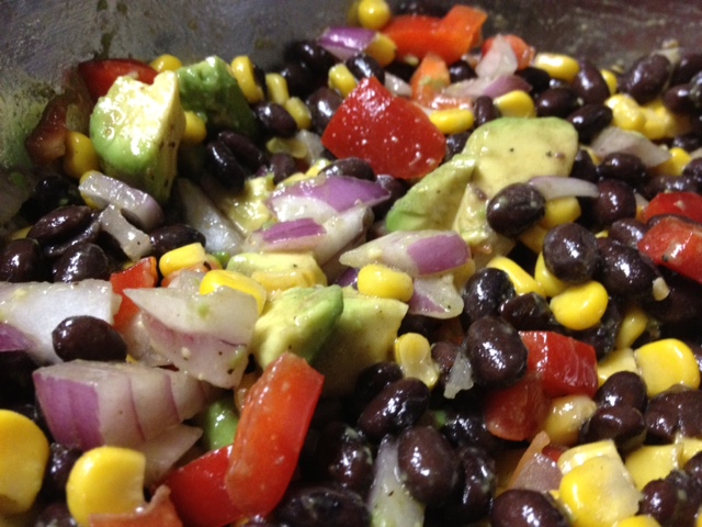 corn & black bean salsa with red peppers, red onion, & avocado