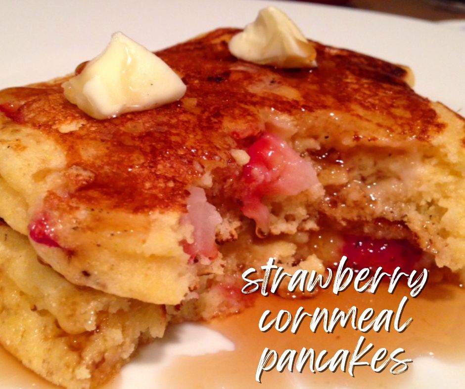 Strawberry Cornmeal Griddle Cakes | These delicious strawberry pancakes are a perfect summer brunch treat, a great way to use up strawberries, & so easy to make!  #brunch #pancakes #strawberries