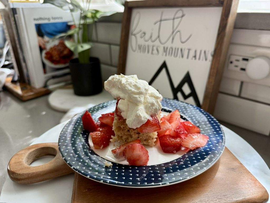 Perfect BBQ Dessert: Moist Heathy(ish) Strawberry Shortcake for a Group | This is the perfect recipe for strawberry shortcake that feeds a crowd--when you want to have the best summer dessert but not make time-consuming individual desserts. I've made some modifications to this version to make it a bit healthier, and it is still so moist, delicious, and easy!