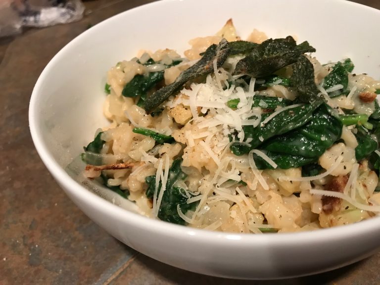 Creamy Oven Risotto with Spinach, Roasted Cauliflower & Sage