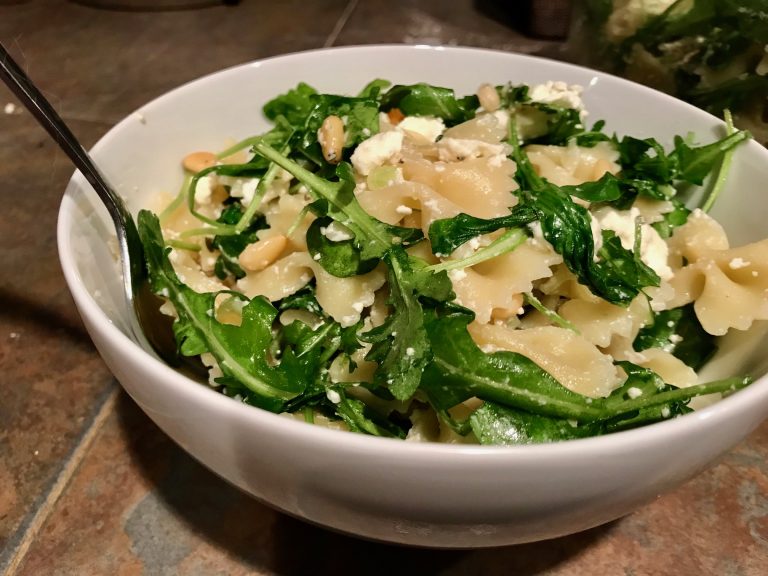 Garlicky Farfalle with Marinated Feta & Arugula
