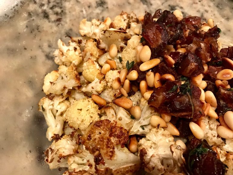 Za’atar Roasted Cauliflower with Pine Nuts, Dates, and Thyme
