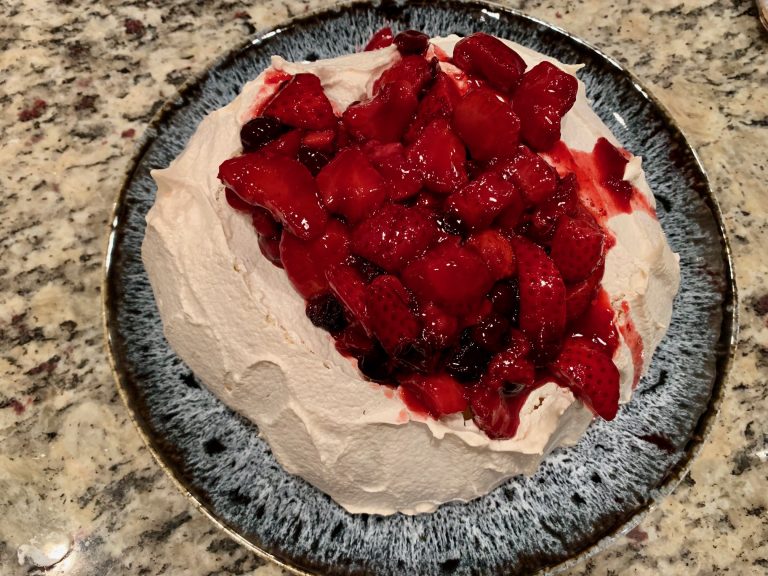Almond Pavlova With Balsamic Berries & Whipped Cream