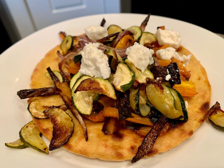 Socca (Chickpea Flatbread) with Roasted Veggies & Goat Cheese