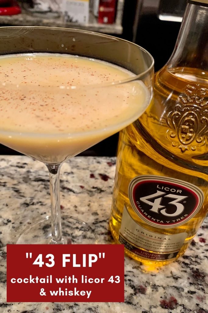 "43 Flip": A Licor 43 Cocktail with Bourbon | This twist on a flip cocktail with bourbon and a whole egg is creamy and indulgent without any heavy cream. It's got warm vanilla and spice notes and a boozy kick. A much better alternative to eggnog, drink recipe ideas. What to make with Licor 43 liqueur. #licor43 #flipcocktail #drinkrecipe #cocktails