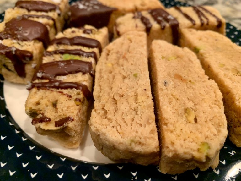 Tahini Pistachio Biscotti with Dark Chocolate & Sea Salt
