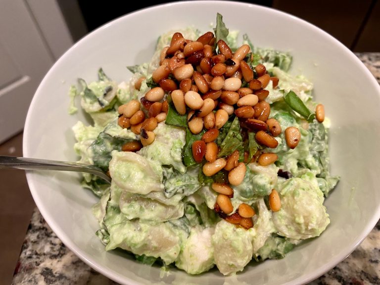 Ottolenghi’s Easy Yogurt & Pea Pasta with Feta, Basil, & Chile Pine Nuts