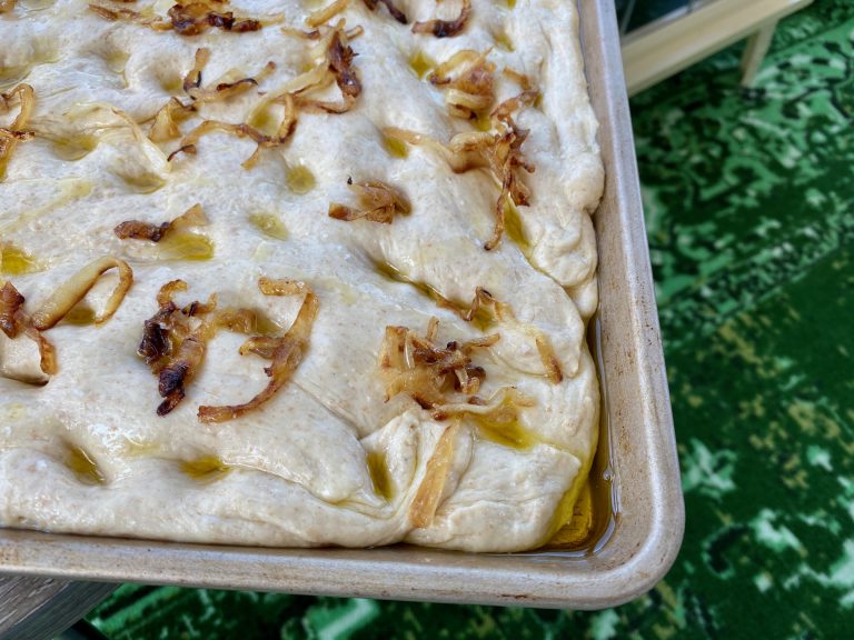 “Quick” Rosemary & Caramelized Onion Focaccia