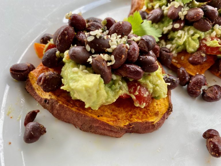 Sweet Potato “Toast” with Guacamole & Chili-Lime Black Beans