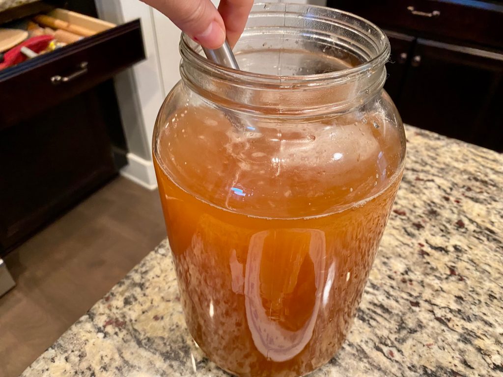 To start homemade kombucha, you need starter liquid, strong black tea, & sugar (what the yeast feeds on)