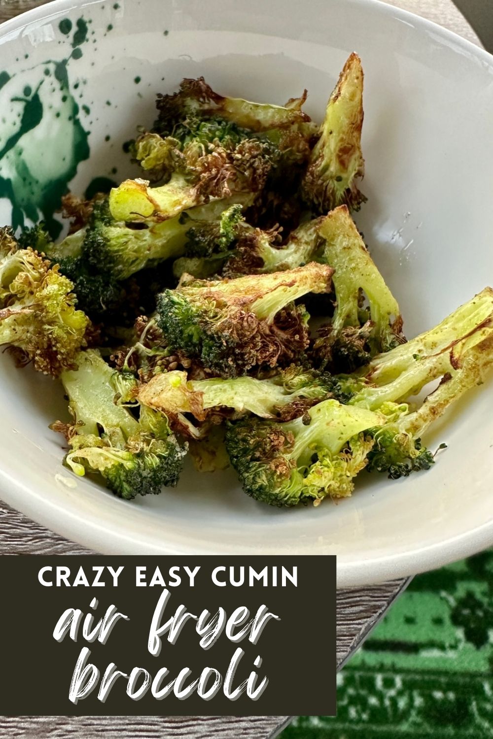 Awesome, Easy Air Fryer Broccoli with Cumin | This cumin roasted broccoli is the best, easiest way to make it...air fried broccoli in just a few minutes, a super easy side dish! Takes under 10 minutes in the air fryer (20 in oven...yes, you can roast this without an air fryer as well). Great detox recipe, easy vegetable recipe, weeknight meal. #broccoli #airfryer #sidedish