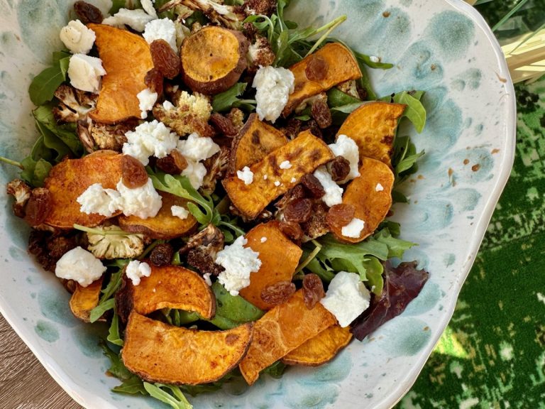 Roasted Sweet Potato & Goat Cheese Salad with Roasted Shallot Dressing