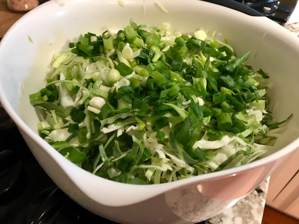 an easy shredded cabbage & chopped green onion slaw with feta crumbles