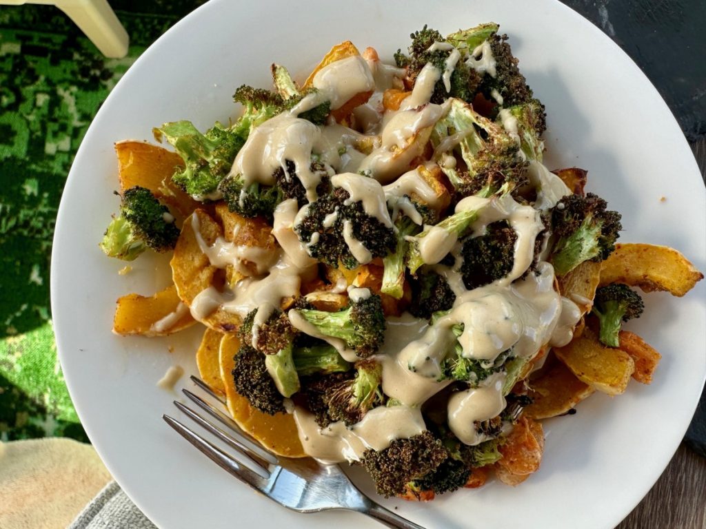 Roasted Cumin White Beans with Broccoli, Delicata Squash, & Tahini Sauce