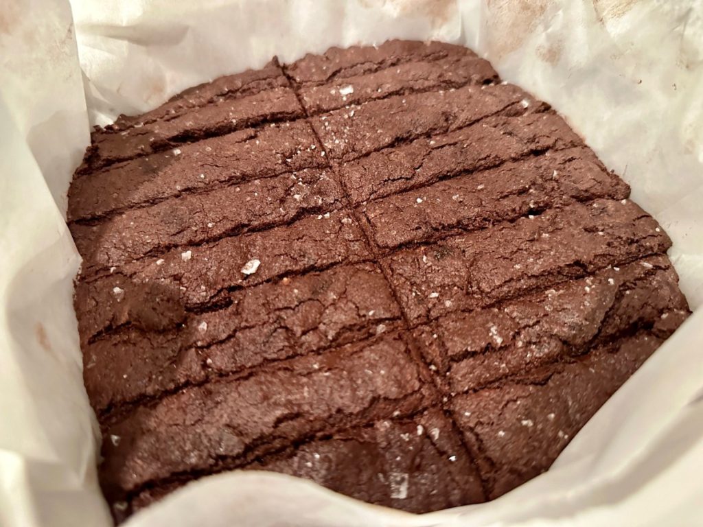 salted dark chocolate shortbread fresh out of the oven