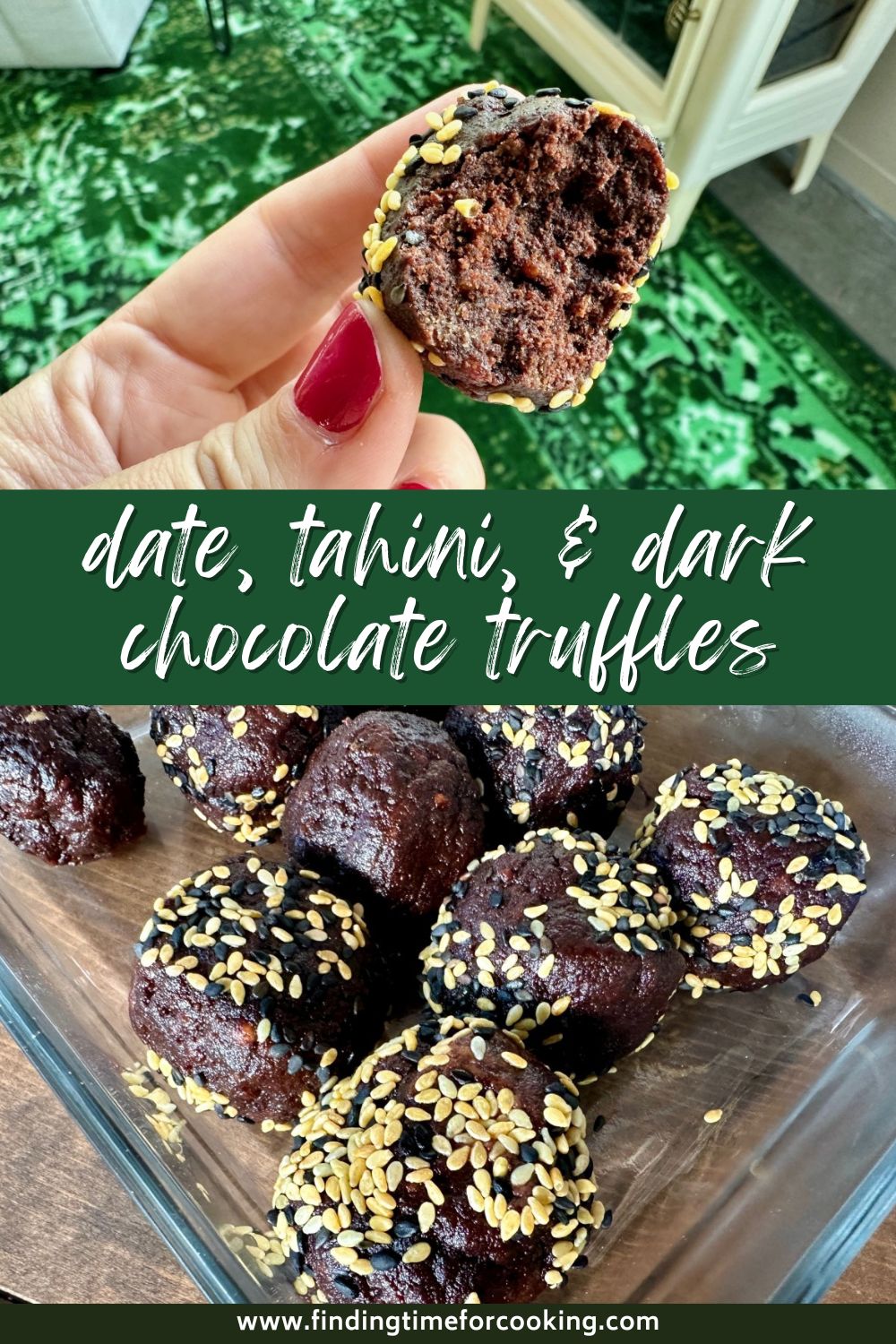 Healthy Dark Chocolate, Date, & Tahini Truffles | These healthy chocolate truffles are made of dates, tahini, & cocoa powder...a sweet treat that's super easy to make, rich, delicious, & no refined sugars! They're healthy, packed with fiber, and a great treat any time of day! Vegan dessert, dessert for dietary restrictions, gluten-free dessert, dairy-free dessert, nut-free, healthy dessert recipe! #healthydessert #gf #vegan #tahini #chocolate