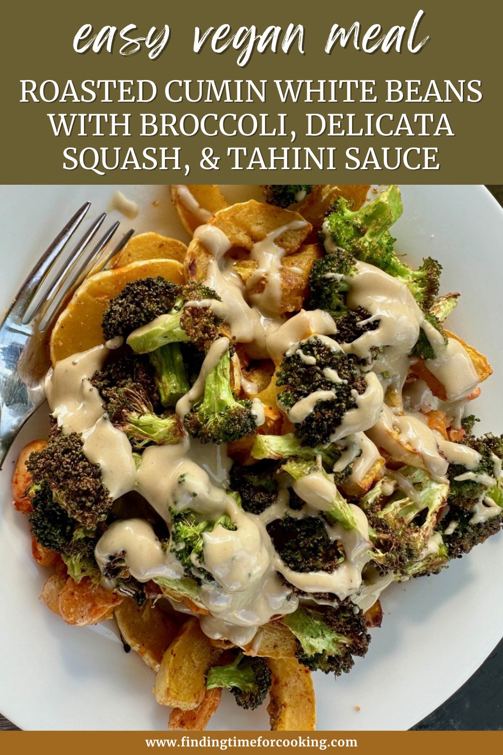 Roasted Cumin White Beans with Broccoli, Delicata Squash, & Tahini Sauce | If you're looking for a super healthy, delicious, & easy vegetarian (vegan, even!) meal, these roasted cumin white beans with broccoli & delicata squash in a tangy tahini sauce is the perfect fit! A fast meal in the oven or air fryer, packed with nutrients & fiber. #vegetarian #vegan #meatlessmonday #healthymeal 