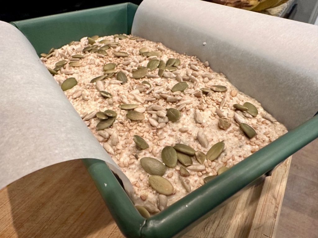 blended batter for super healthy gluten-free buckwheat, quinoa, & oat bread, made with soaked grains