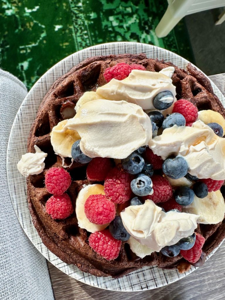 10-Minute Gluten-Free Single-Serving Chocolate Waffle (also dairy-free, egg-free, etc.) | If you have dietary restrictions but want an indulgent brunch, these gluten-free dark chocolate waffles are also vegan & nut-free...fast, easy, & delicious! 