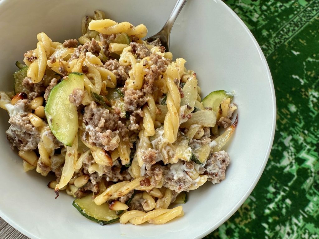 Easy, Addictive Beef & Zucchini Pasta with White Wine, Oregano, Pine Nuts, & Goat Cheese...using the marinated goat-sheep cheese from Meredith Dairy