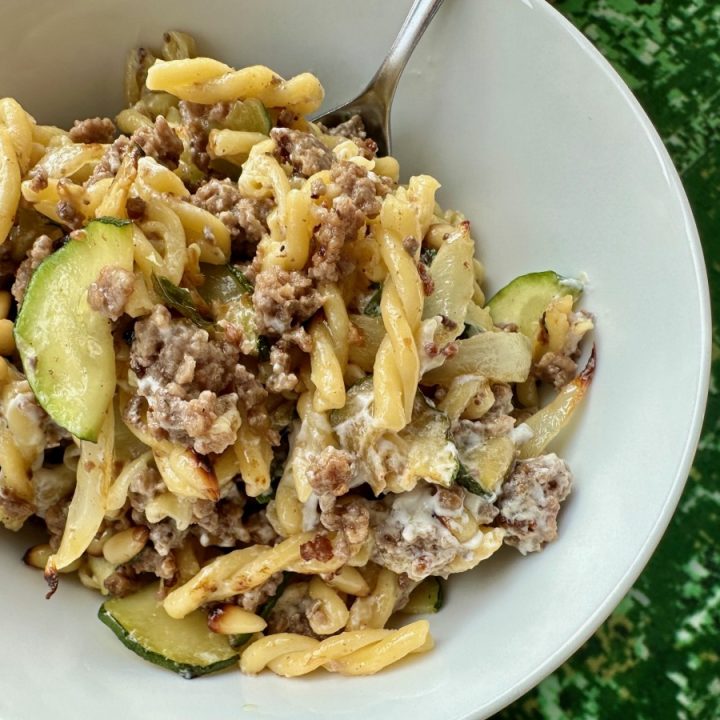 Beef & Zucchini Pasta with White Wine, Oregano, & Creamy Goat Cheese