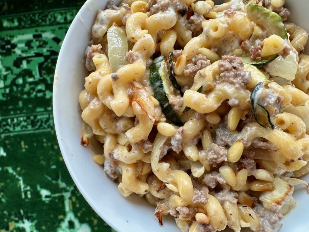 Easy, Addictive Beef & Zucchini Pasta with White Wine, Oregano, Pine Nuts, & Goat Cheese...using the marinated goat-sheep cheese from Meredith Dairy