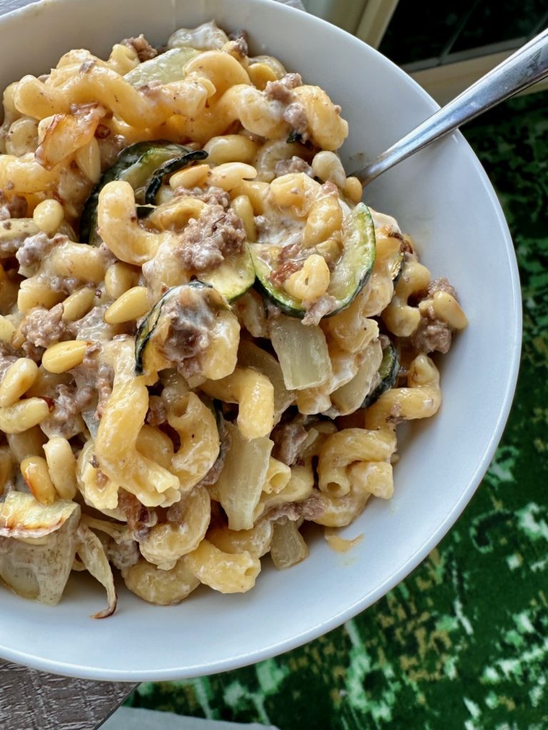 Easy, Addictive Beef & Zucchini Pasta with White Wine, Oregano, Pine Nuts, & Goat Cheese...using the marinated goat-sheep cheese from Meredith Dairy