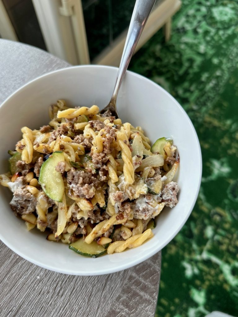 Easy, Addictive Beef & Zucchini Pasta with White Wine, Oregano, Pine Nuts, & Goat Cheese...using the marinated goat-sheep cheese from Meredith Dairy