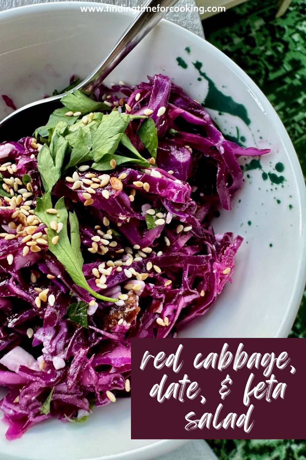 Tangy Red Cabbage, Date, & Feta Salad | This unique red cabbage slaw is vibrant and delicious, with a big savory-and-sweet hit! An easy, healthy side dish that's perfect for any occasion, vegetable side dish, cabbage side dish, great big side dish for a bbq or party! #redcabbage #sidedish #slaw