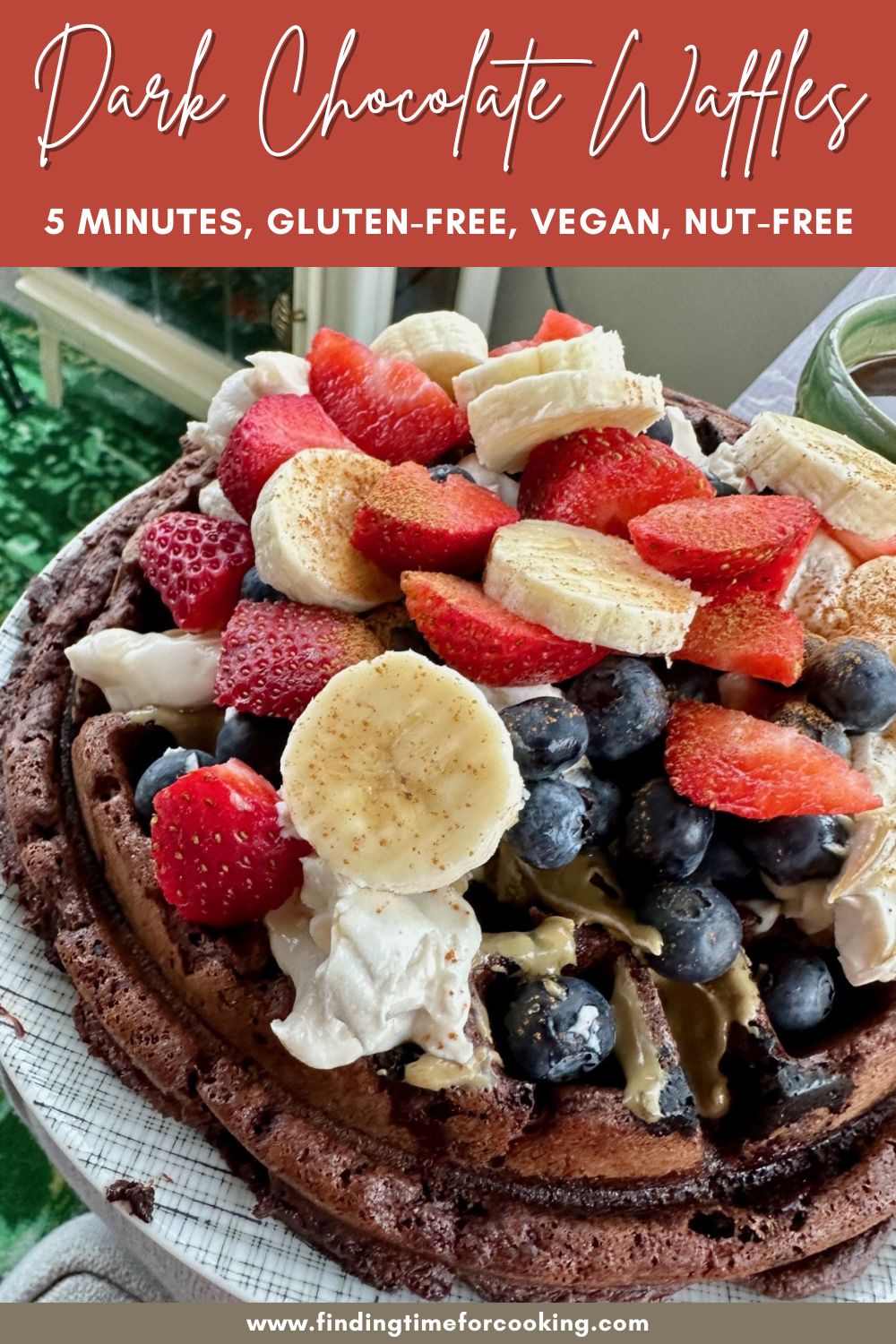 10-Minute Gluten-Free Chocolate Waffle (also dairy-free, egg-free, etc.) | If you have dietary restrictions but want an indulgent brunch, these gluten-free dark chocolate waffles are also vegan & nut-free...fast, easy, & delicious! A (large) single-serving brunch recipe that's perfect for anyone with dietary restrictions. Healthy & indulgent brunch, gluten-free waffle recipe. #gf #vegan #brunch #waffles