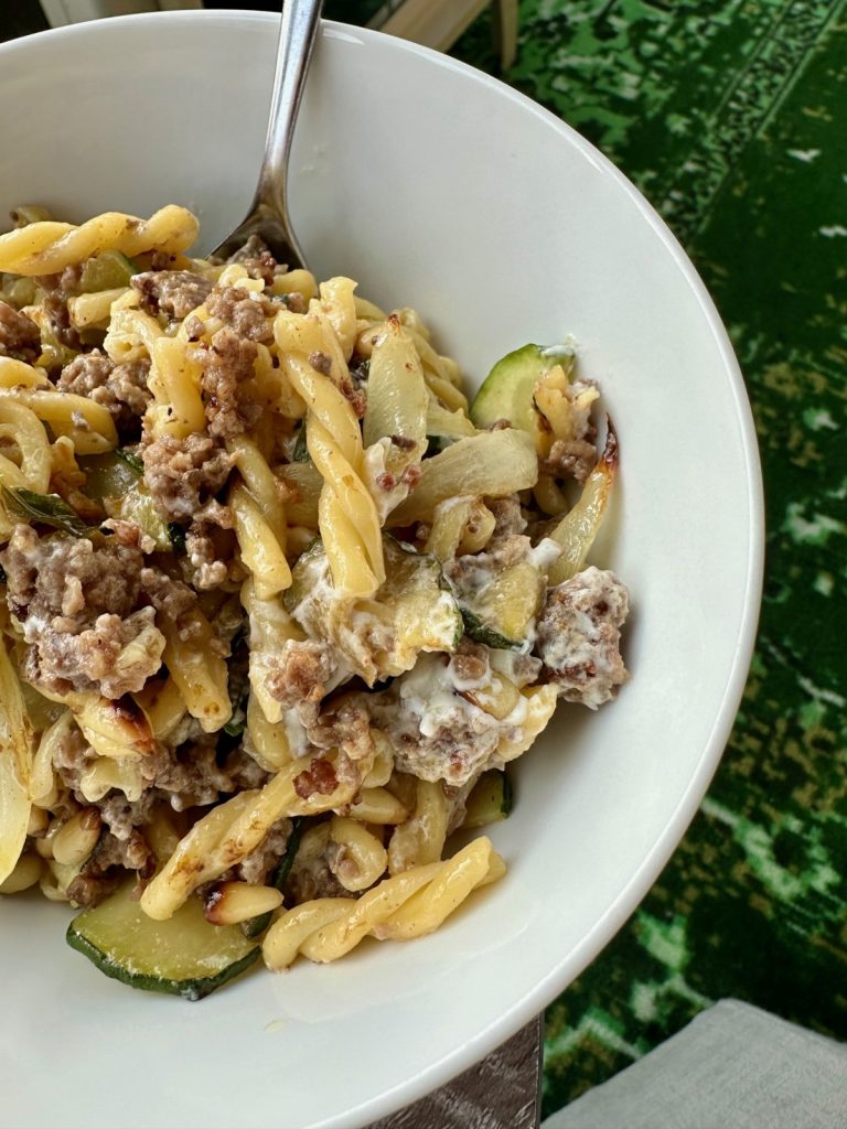 Beef & Zucchini Pasta with White Wine, Oregano, & Creamy Goat Cheese