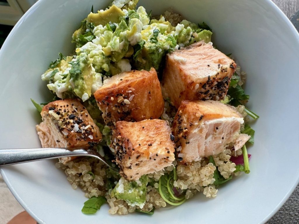 Easy Salmon & Quinoa Power Bowls with Lemon Feta Avocado Salsa | easy healthy dinner recipe