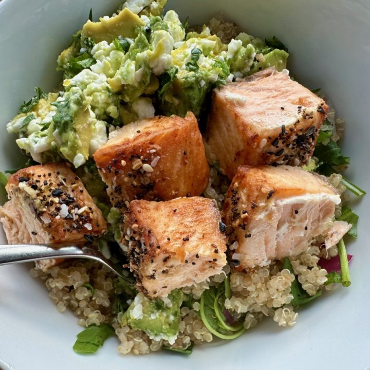Salmon & Quinoa Power Bowl with Lemon Feta Avocado Salsa