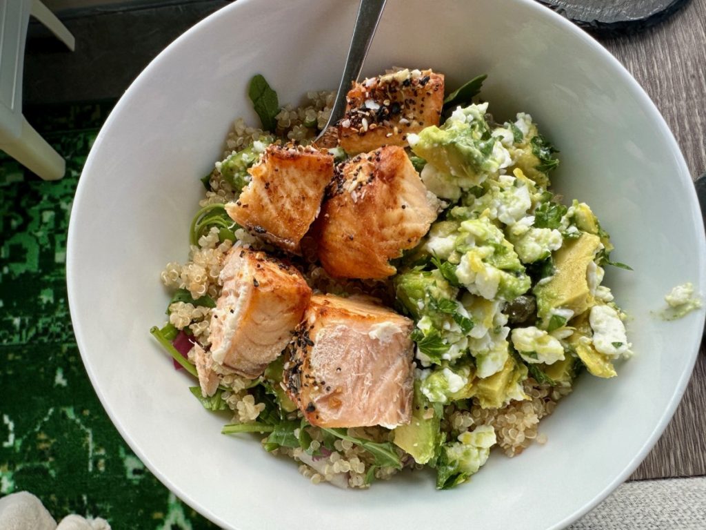 Easy Salmon & Quinoa Power Bowls with Lemon Feta Avocado Salsa | a healthy, fast weeknight meal