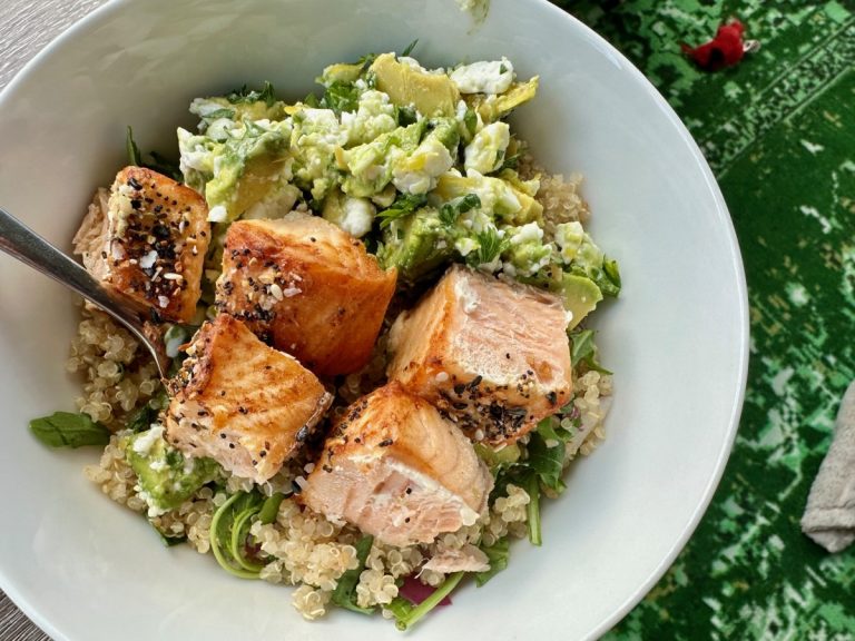 Salmon & Quinoa Power Bowl with Lemon Feta Avocado Salsa