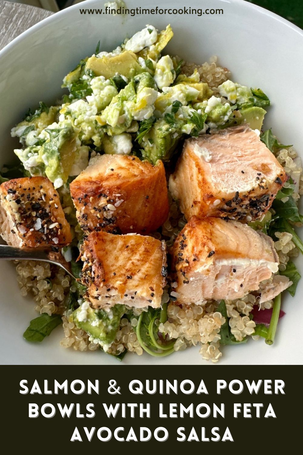 Easy Salmon & Quinoa Power Bowls with Lemon Feta Avocado Salsa | This delicious salmon power bowl with a punchy salty-citrus avocado salsa is an amazing, easy, healthy meal that's perfect for busy weeknights. It's packed with protein, nutrients, & healthy fats. I love how flexible the quantities are, & often make a pseudo-meal prep version for one person that gives me 3-4 nights of meals with minimal effort! #powerbowl #salmon #mealprep #healthydinner