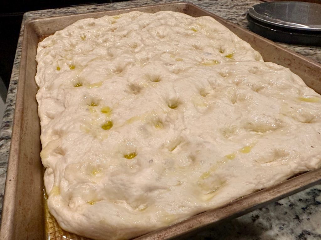beautifully dimpled focaccia dough 