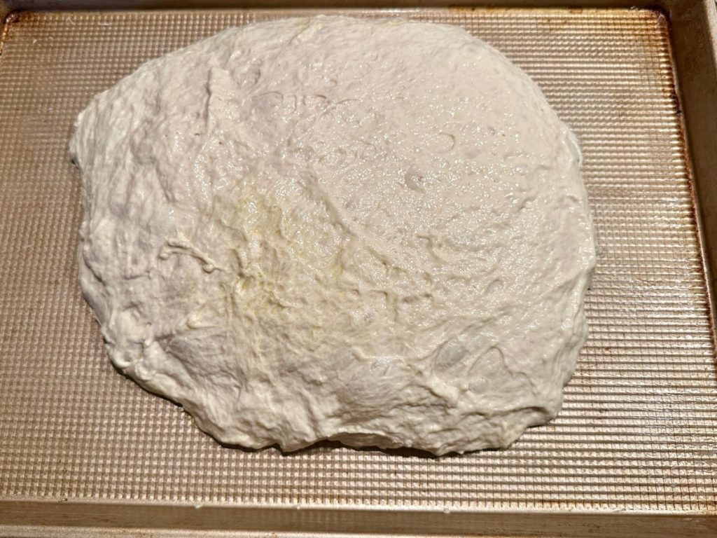 focaccia dough ready for stretching
