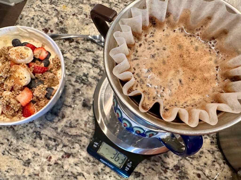 brewing coffee in a pourover filter for bush mix