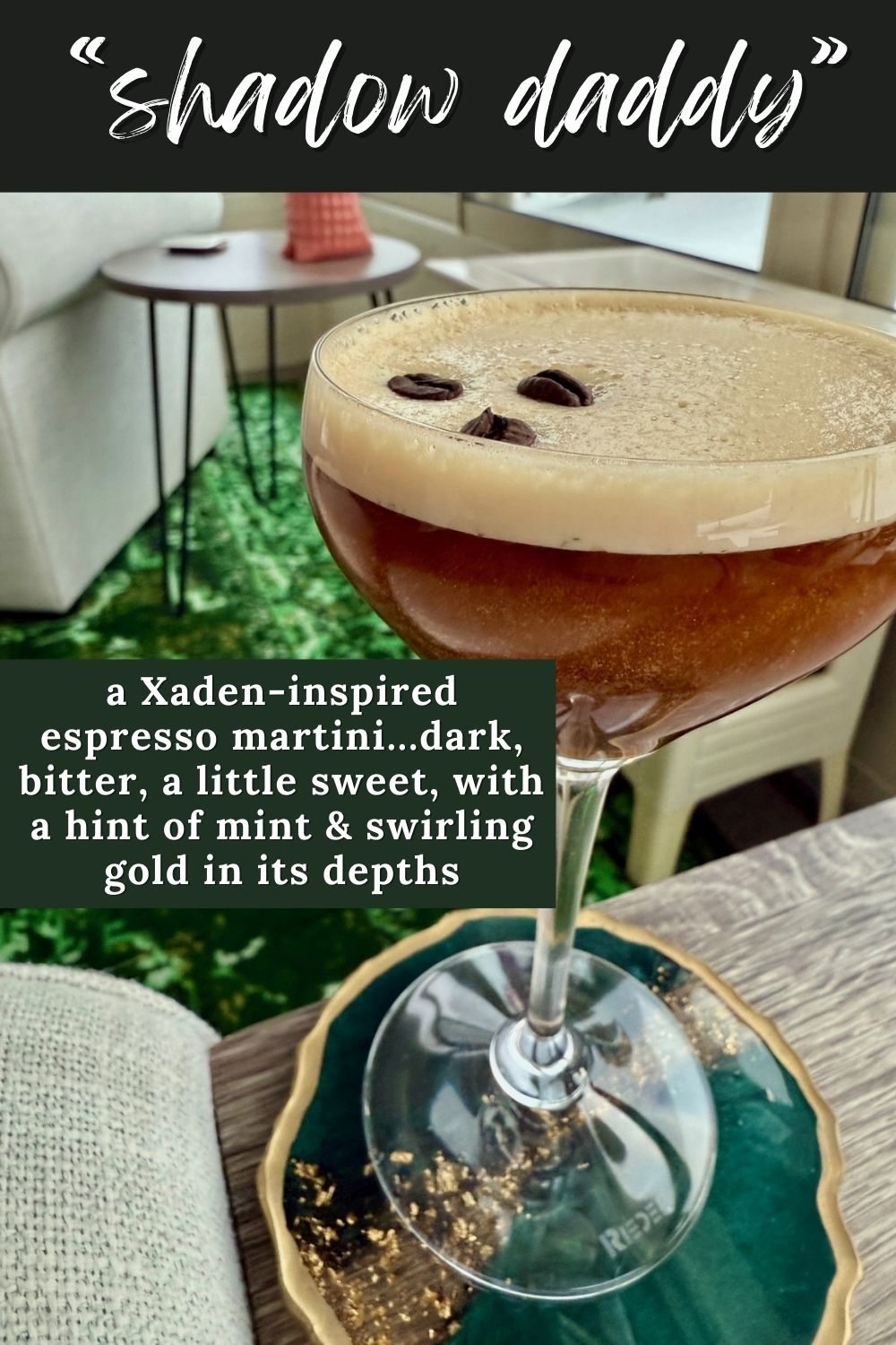 Fresh Mint Espresso Martini (a.k.a. "Shadow Daddy") | This mint espresso martini is a delicious twist on the classic for any cocktail lover. If you're an Empyrean Series or Fourth Wing fanatic (hello, #booktok), it's also an Onyx Storm cocktail inspired by Xaden Riorson...dark, bitter, a bit sweet, with a hint of mint and swirling gold flecks. Book-inspired cocktails for your book club, espresso martini recipes, easy cocktail recipes. #cocktails #drinkrecipe