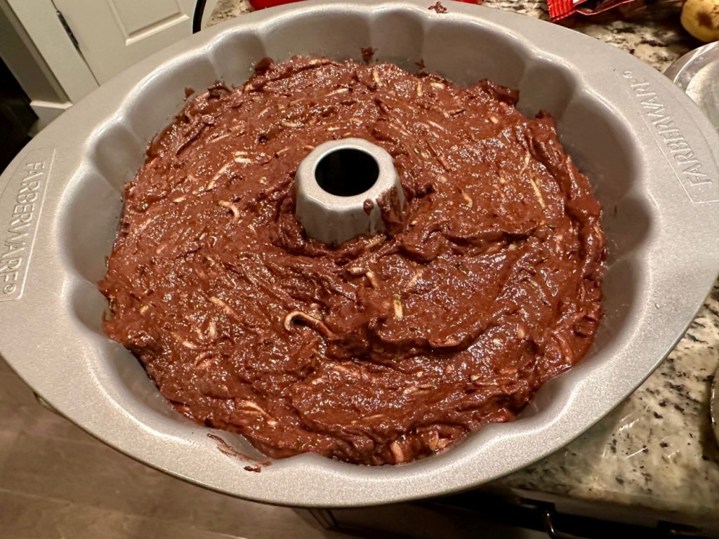 I bake this healthy chocolate zucchini cake in a bundt pan