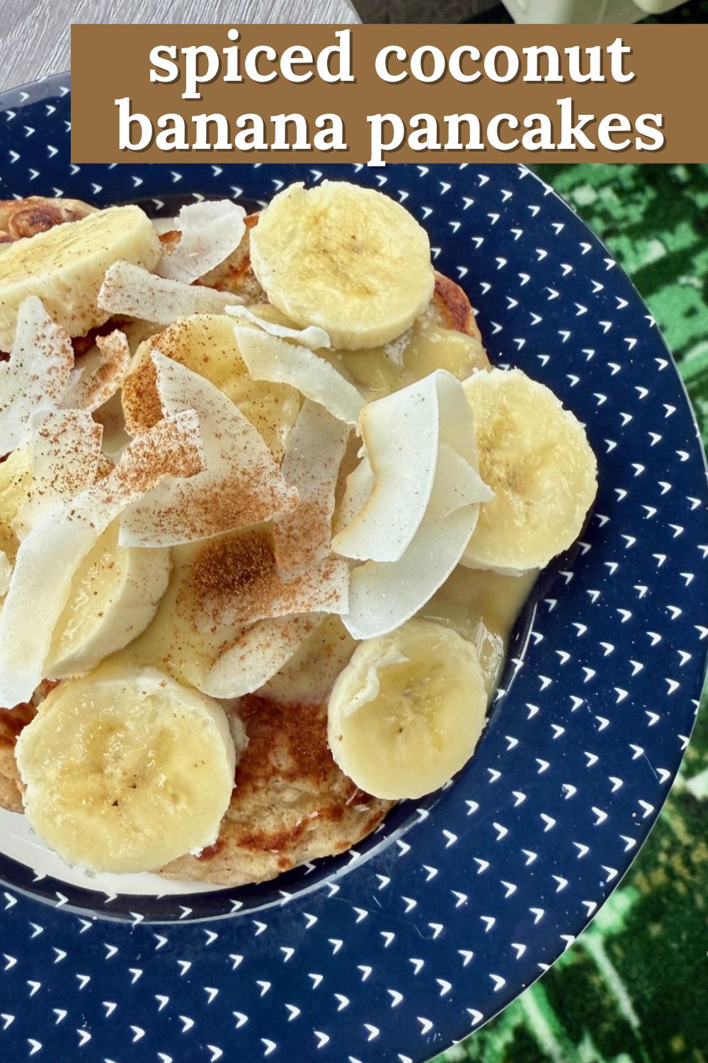 Easy Coconut Banana Pancakes (dairy-free) | These lightly-spiced coconut banana pancakes have a delightful tiki vibe, with subtle tropical flavors of coconut and banana that you can take over the top with some extra banana and pineapple topping!  These are an easy & delicious dairy-free brunch recipe as well.  Best pancake recipes, dairy-free pancakes, dairy-free breakfast ideas. 