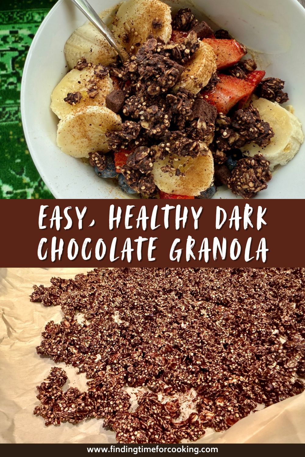 Healthy Dark Chocolate Quinoa Granola | This dark chocolate granola is healthy and SO delicious. Packed with cocoa flavor but made with only a little maple syrup and tons of healthy ingredients (quinoa, oats, seeds, nuts), it's a perfect treat for topping granola or snacking on. It's very low sugar, full of fiber and antioxidants, and keeps for weeks in an airtight container. A great healthy breakfast or health snack. #granola #chocolate #healthybreakfast