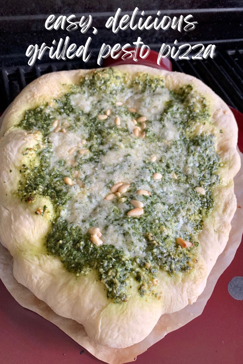 How to Make Grilled Pesto Pizza | Grilled pizza is one of the easiest & most delicious weeknight meals, and pesto pizza is one of my most popular pizza flavor combos.  I strongly believe in using fresh homemade pesto makes this taste so much better!  You can add chicken, pine nuts and more. or just have it be simple pesto and cheese. #grilledpizza #pesto #pizza