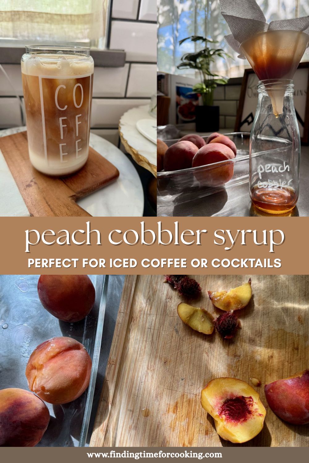 Peach Cobbler Syrup | This spiced peach cobbler syrup is sweet and juicy, a perfect way to use summer peaches.  It's full of fruit and spices, and makes an amazing iced coffee or cocktails!  This peach simple syrup only takes a few minutes to make, it's super easy.  Summer drink ideas, iced coffee flavors, summer cocktails. #drinkrecipe #simplesyrup #summerrecipe