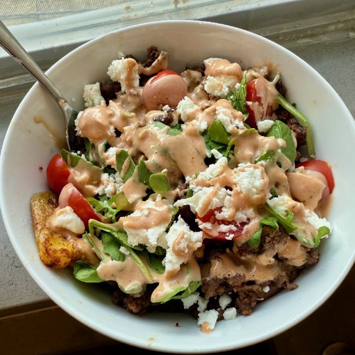 Healthy Cheeseburger Bowls with Smashed Potatoes