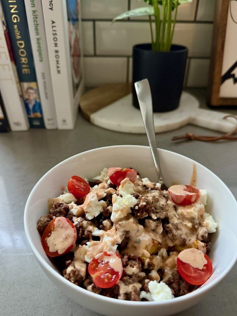 Healthy Cheeseburger Bowls with Smashed Potatoes