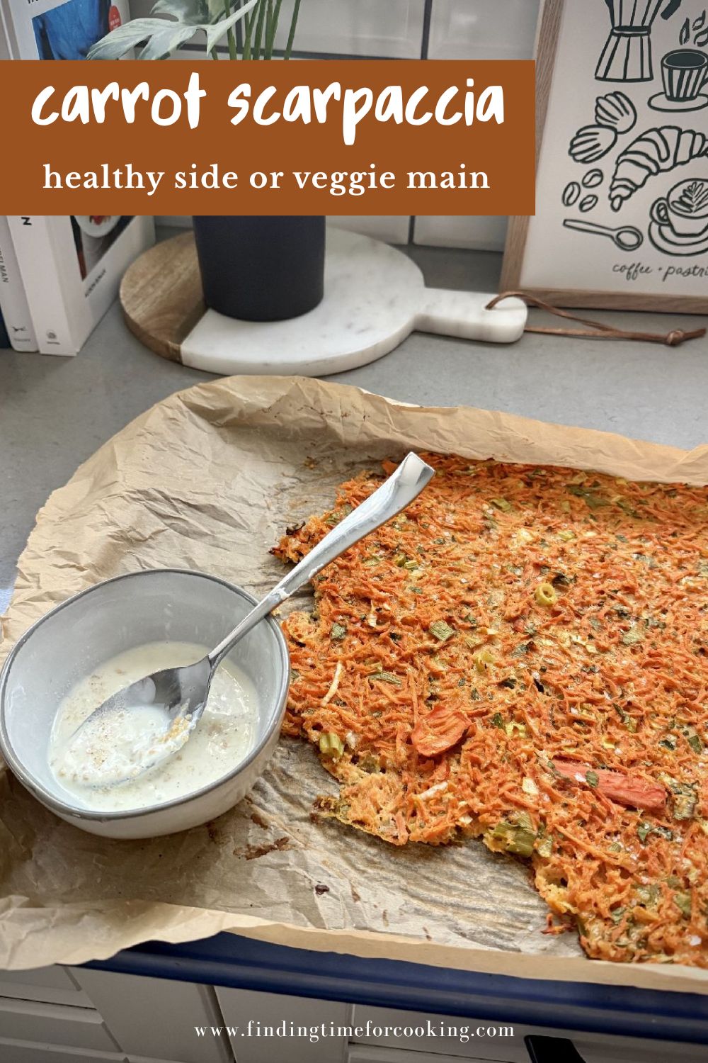 Carrot Scarpaccia with Tangy Garlic Yogurt Sauce | This carrot scarpaccia is a slight twist on the classic Italian vegetable flatbread (or tart, depending on how you look at it). It's super easy to make, healthy, delicious, and the perfect way to use up that bag of carrots languishing in your fridge!  A healthy vegetarian meal, great side dish, or interesting appetizer. #carrots #vegetarian