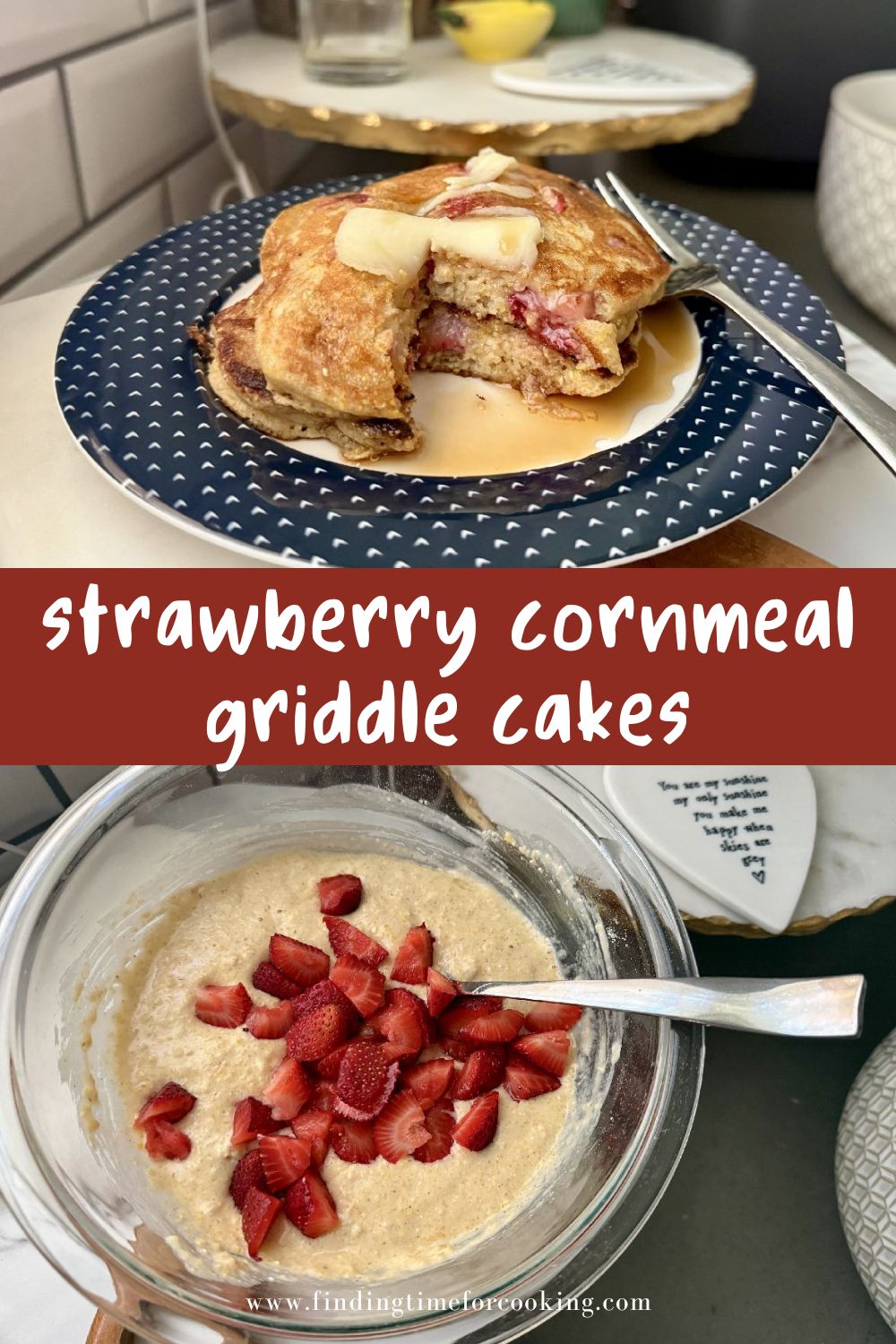 Strawberry Cornmeal Griddle Cakes | These strawberry cornmeal pancakes are the perfect summer brunch recipe...fresh summer strawberries in a golden crispy cornmeal pancake, drenched in maple syrup. Super easy and fancy-feeling breakfast, a great way to use fresh strawberries. 